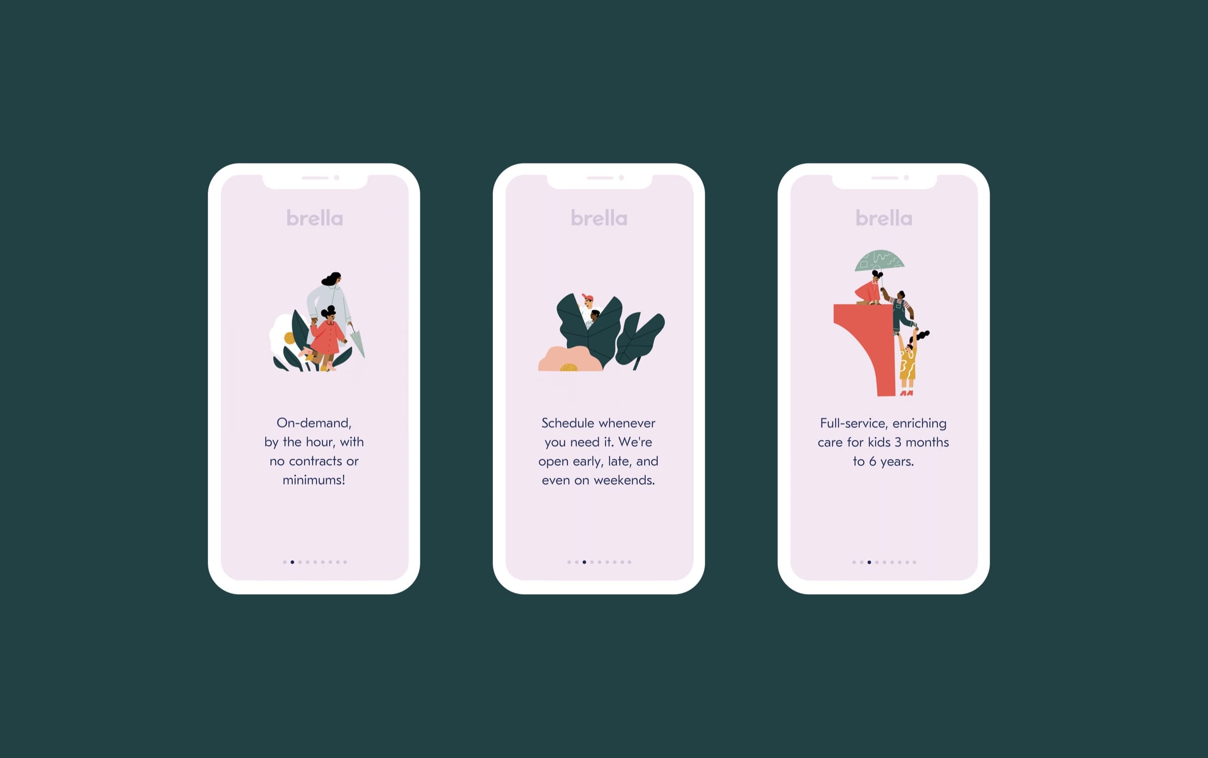 Brella brand and web layouts in navy, coral, and lilac