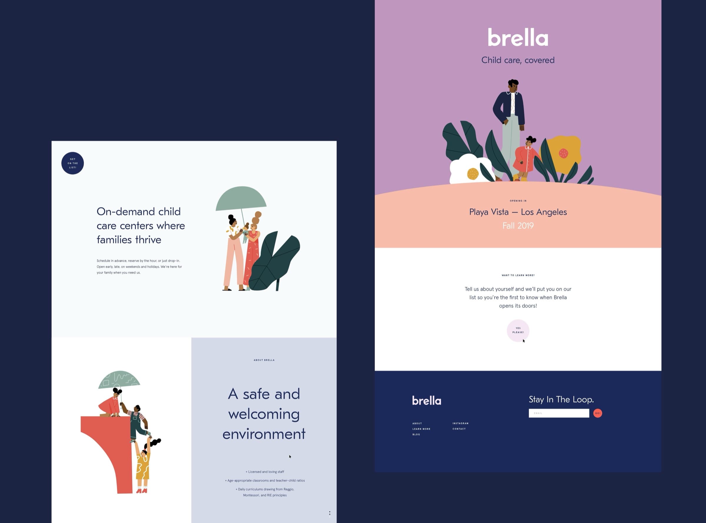 Brella website design — illustrated hero with the headline 'On-demand child care centers where families thrive'