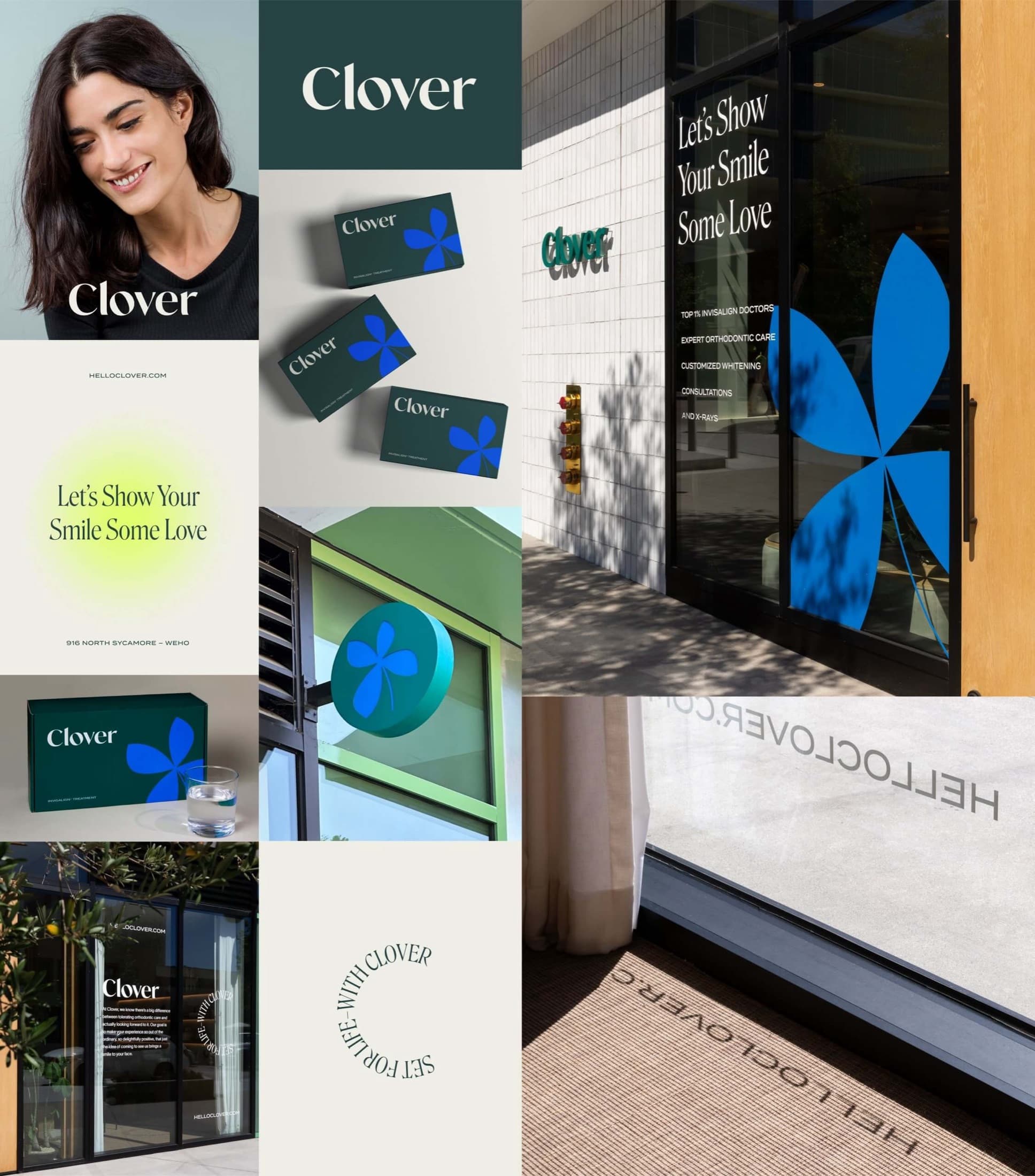 Clover brand collage — packaging, signage, and window graphics in teal, cobalt, and lime