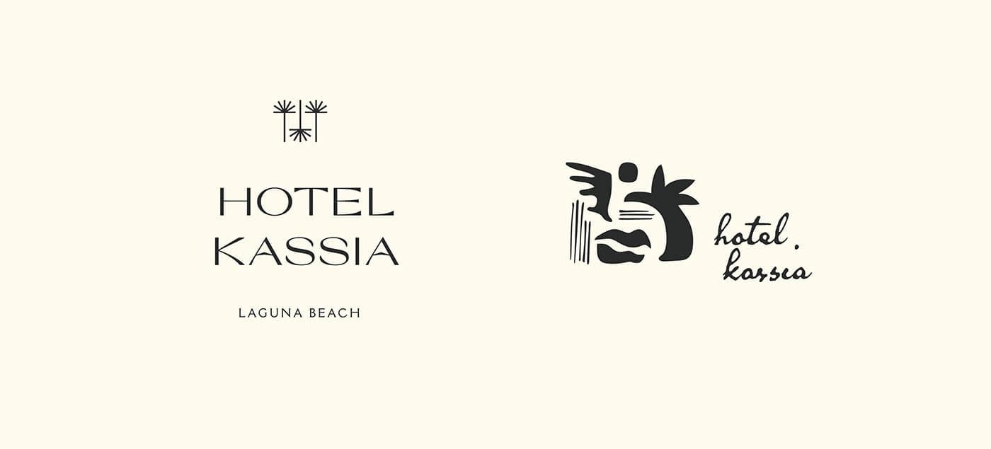 The Hotel Kassia wordmark set in an airy high-contrast serif over a sunlit guest room
