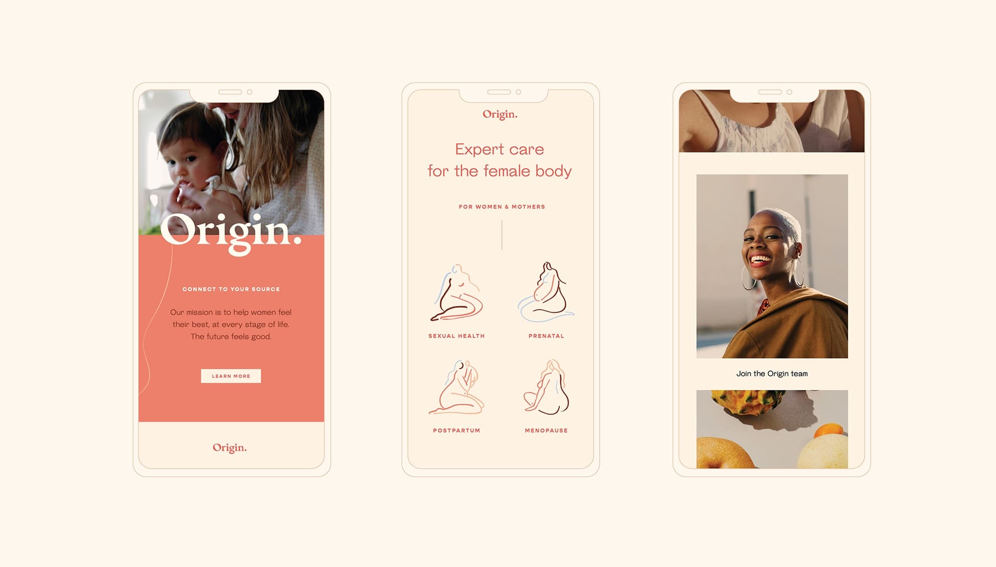 Origin campaign layout in coral and cream