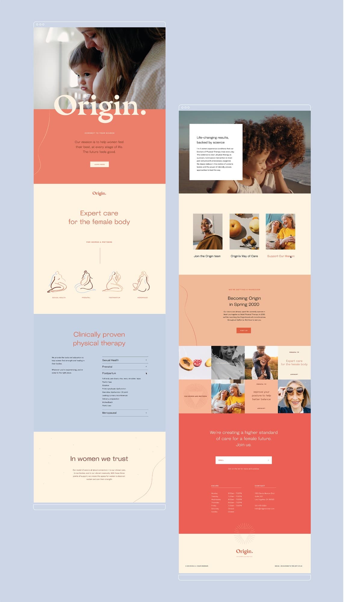 Origin brand board — logo lockups, sunrise motif, and the warm coral-and-blue palette