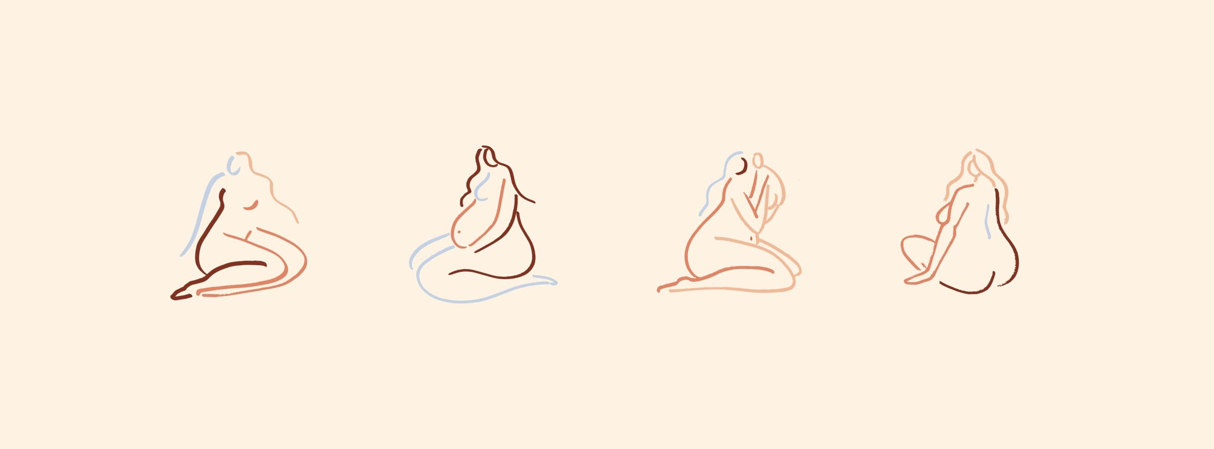 Origin's line-drawn figures — four seated nudes rendered in single continuous strokes on cream